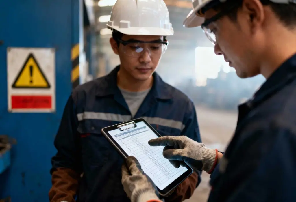 Industrial maintenance workers reviewing a work order on a tablet